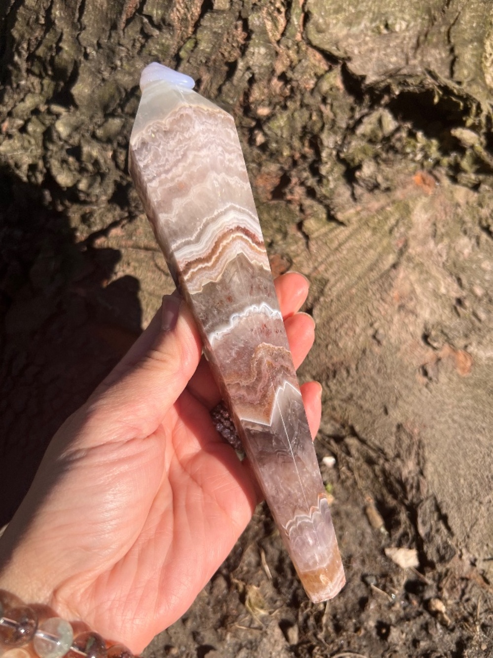 Amethyst (3) lace agate wand with stand | crystal